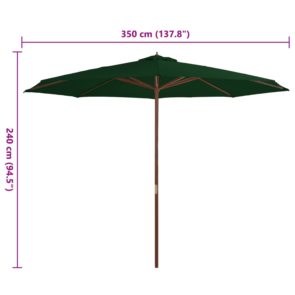 vidaXL Umbrelă de soare de exterior, stâlp din lemn, verde, 350 cm vidaXL Umbrelă de soare de exterior, stâlp din lemn, verde, 350 cm