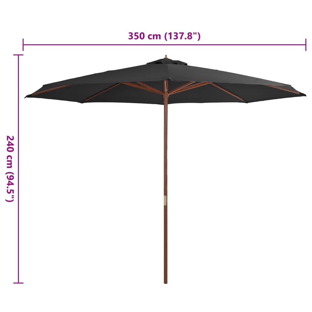 vidaXL Umbrelă de soare de exterior, stâlp din lemn, antracit, 350 cm