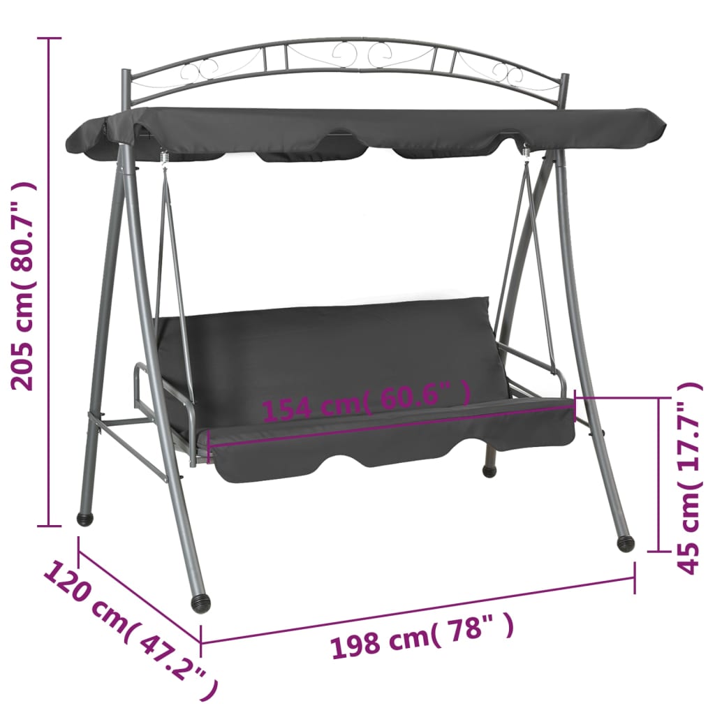 vidaXL Balansoar extensibil cu copertină antracit 198x120x205 cm oțel vidaXL Balansoar extensibil cu copertină antracit 198x120x205 cm oțel