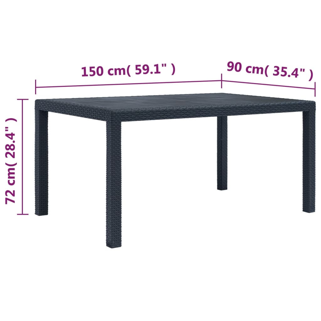 vidaXL Masă de grădină, antracit, 150x90x72 cm, plastic, aspect ratan