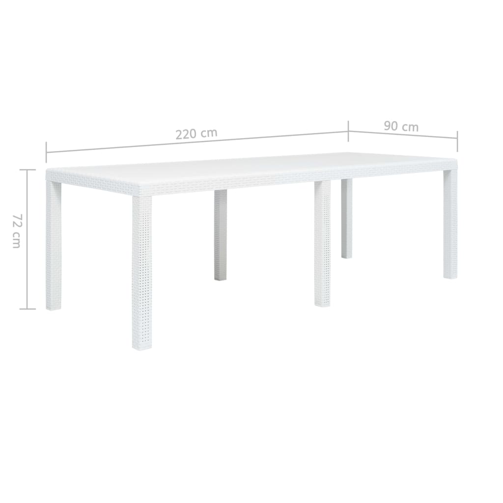 vidaXL Masă de grădină, albă, 220x90x72 cm, plastic, aspect ratan