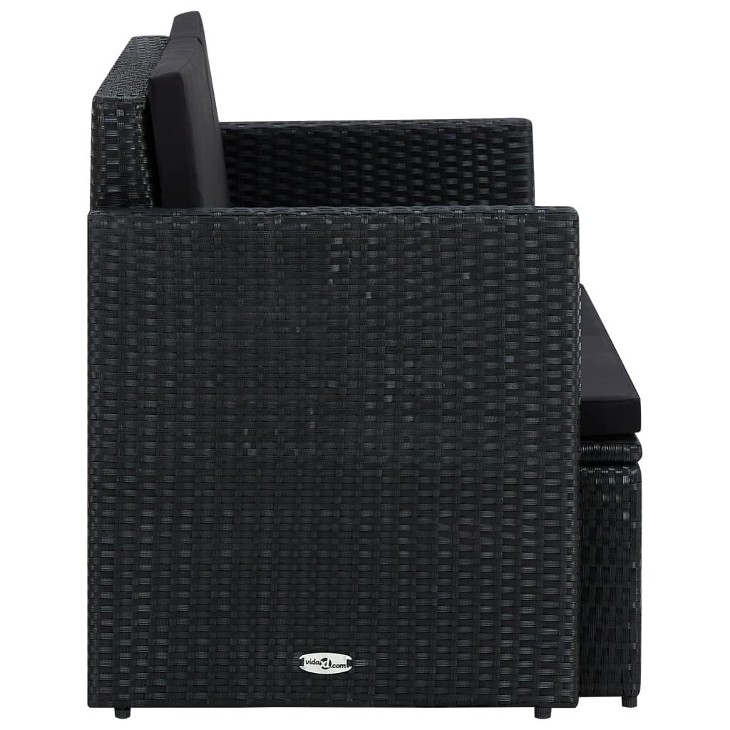 vidaXL Canapea de grădină cu 2 locuri, cu perne, negru, poliratan