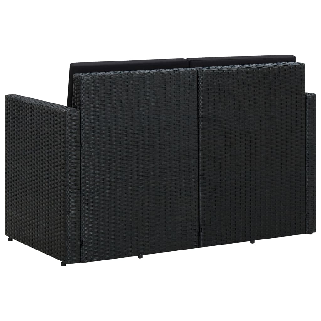 vidaXL Canapea de grădină cu 2 locuri, cu perne, negru, poliratan