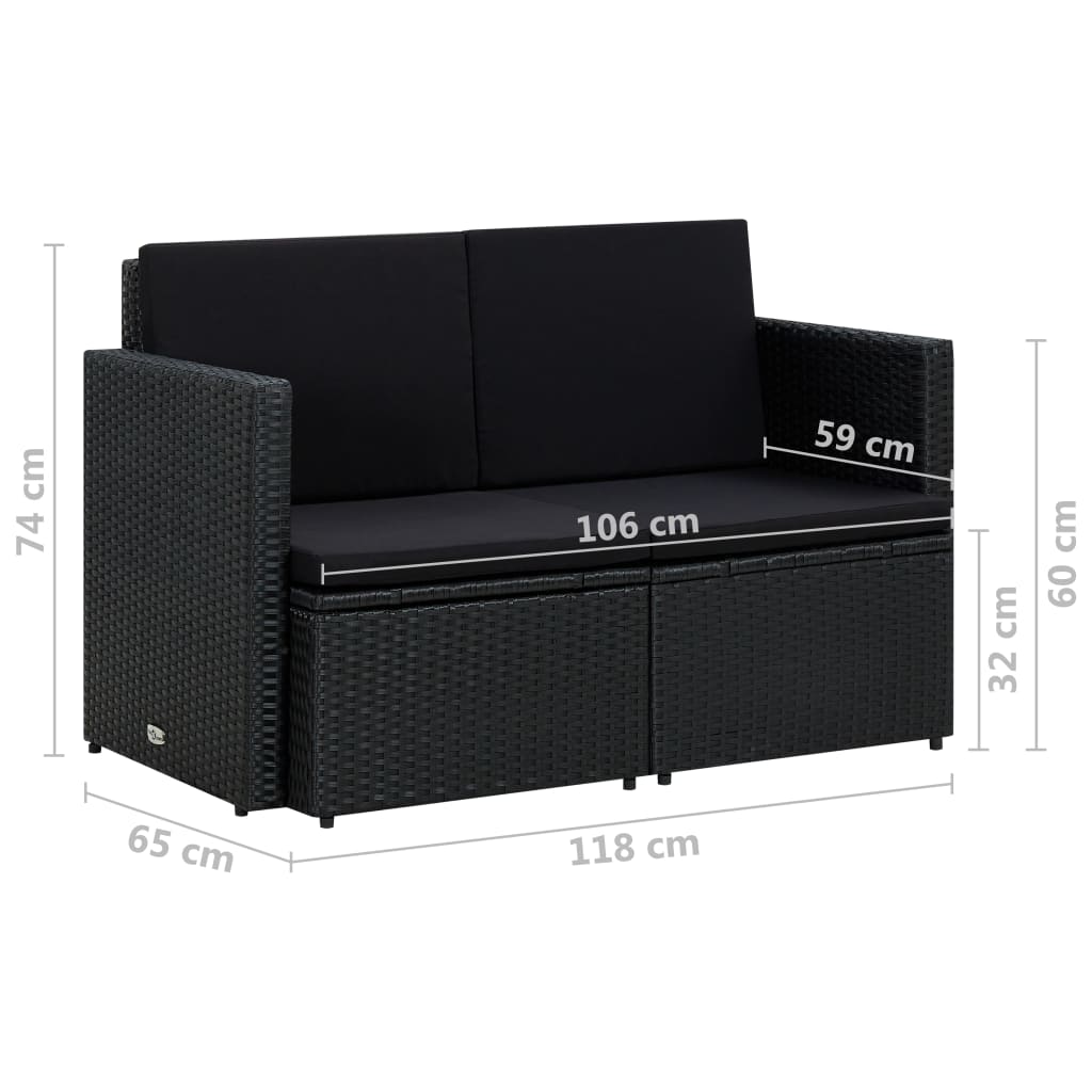 vidaXL Canapea de grădină cu 2 locuri, cu perne, negru, poliratan