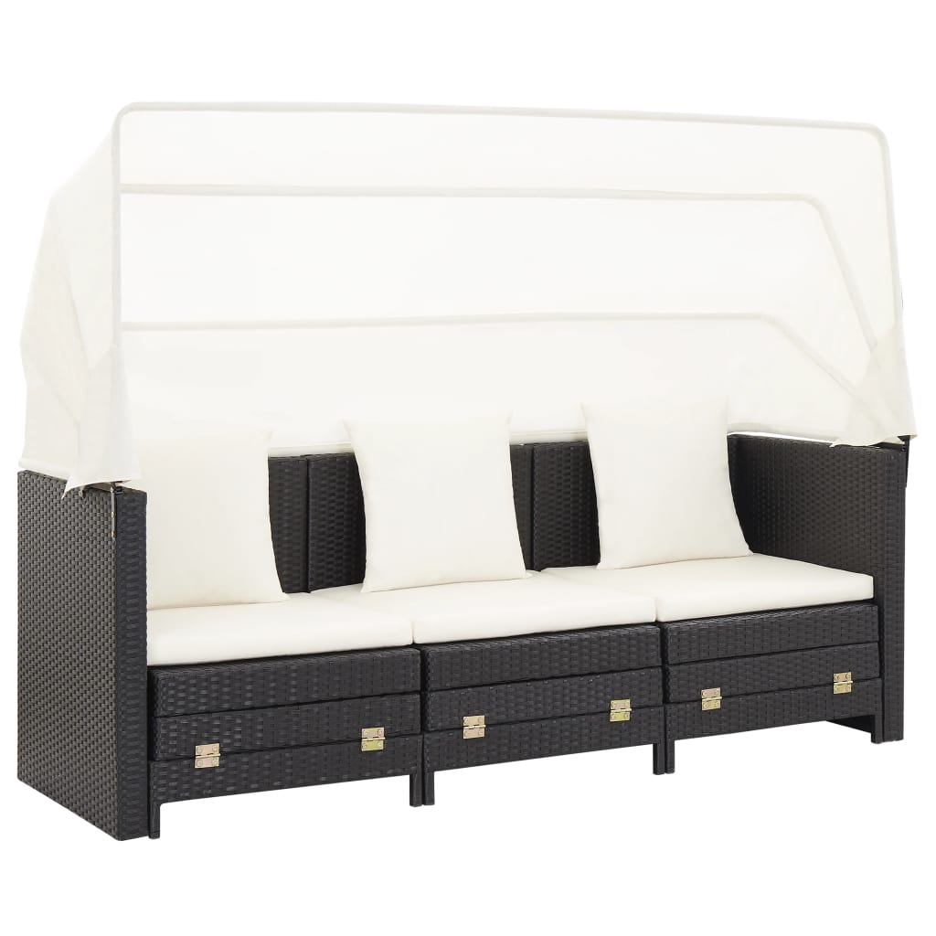 vidaXL Canapea extensibilă cu 3 locuri, cu acoperiș, negru, poliratan vidaXL Canapea extensibilă cu 3 locuri, cu acoperiș, negru, poliratan