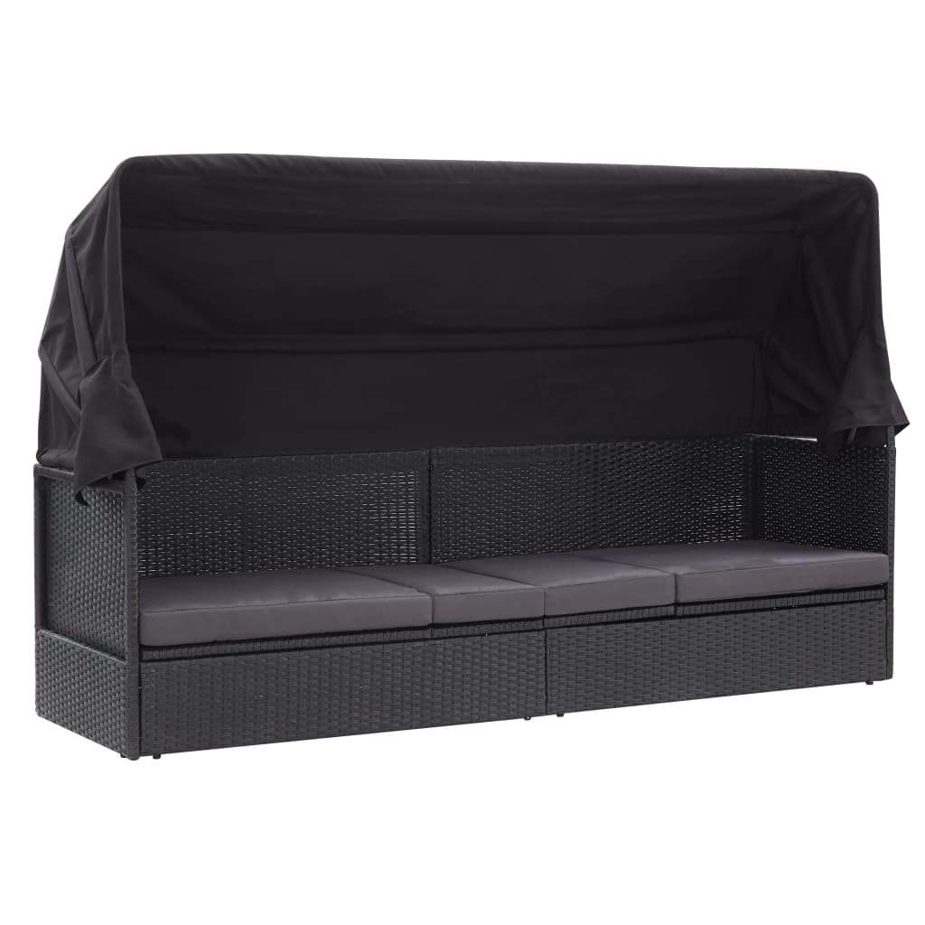 vidaXL Pat canapea de exterior cu copertină, negru, poliratan vidaXL Pat canapea de exterior cu copertină, negru, poliratan
