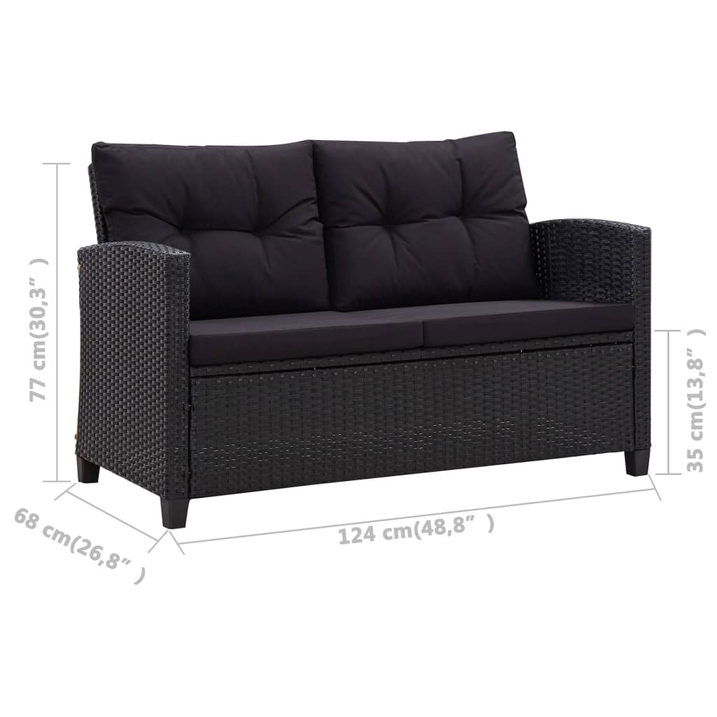 vidaXL Canapea de grădină cu 2 locuri cu perne, negru, 124 cm, poliratan