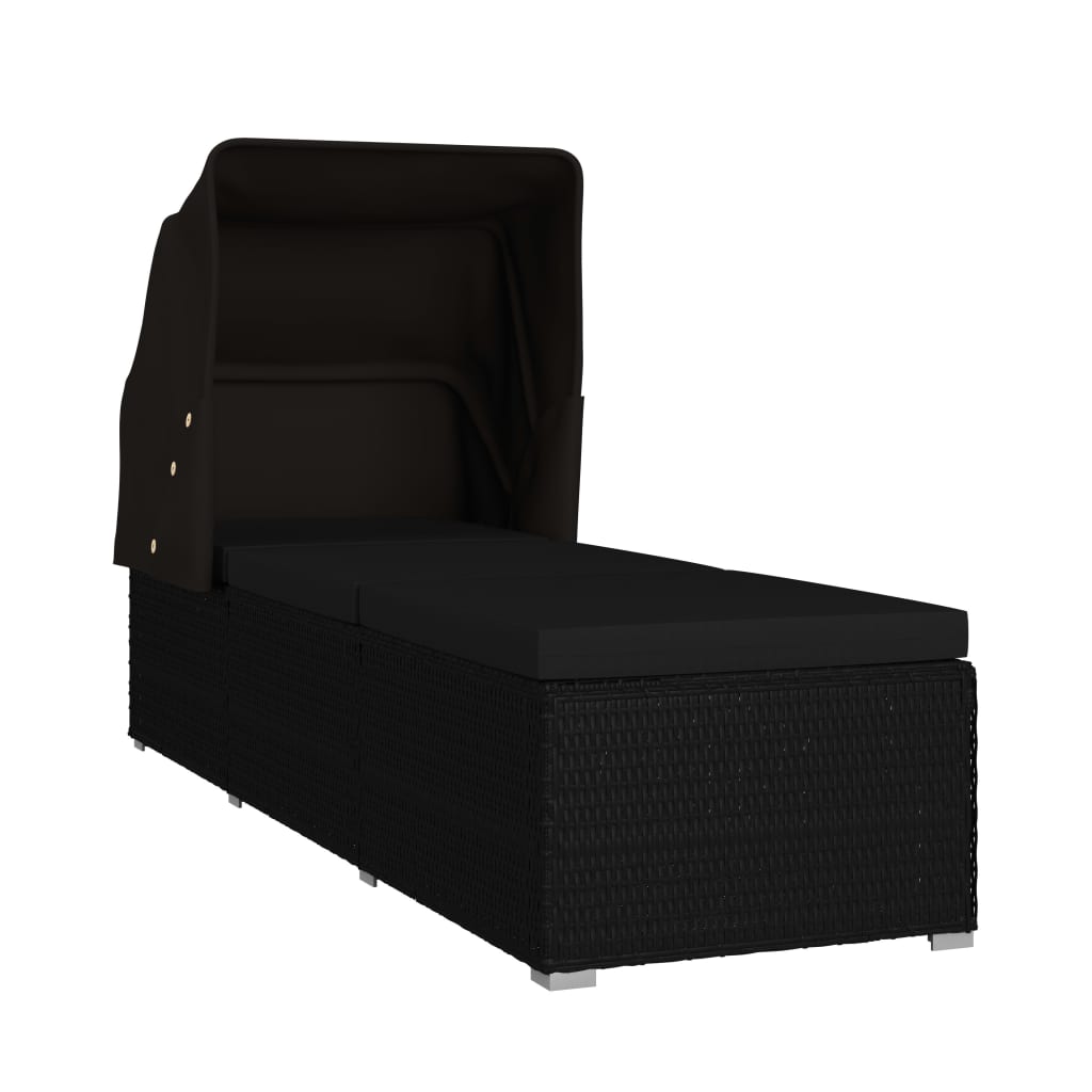 vidaXL Șezlong cu copertină și pernă, negru, poliratan vidaXL Șezlong cu copertină și pernă, negru, poliratan