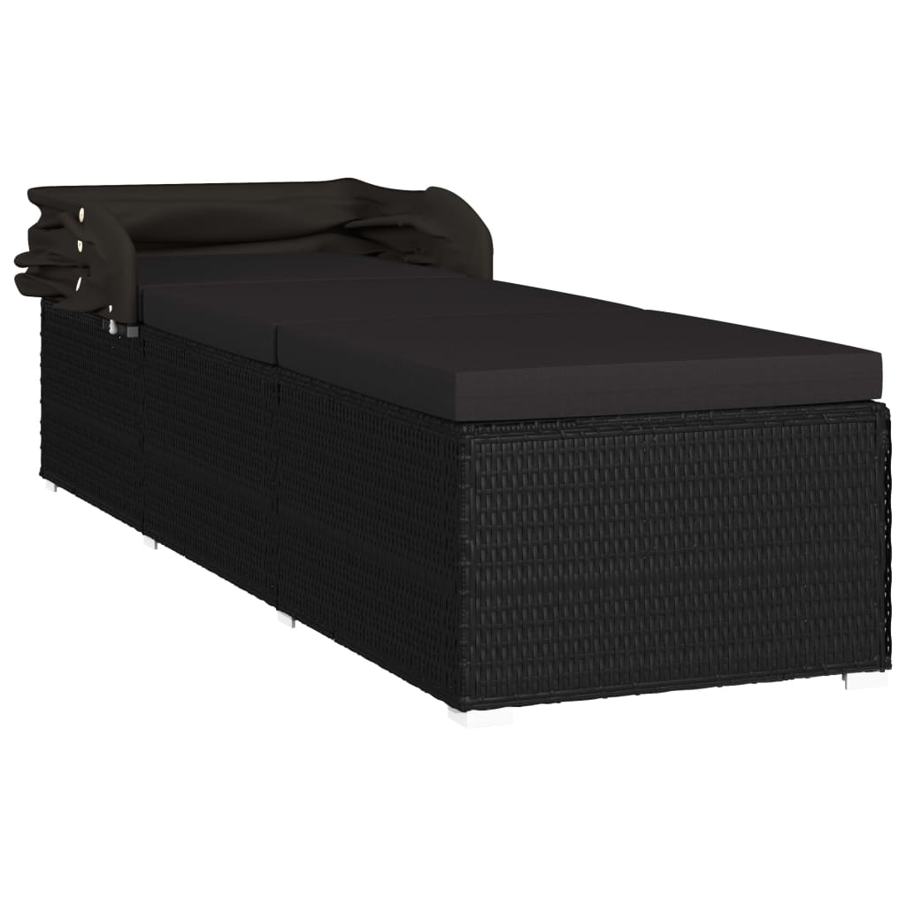 vidaXL Șezlong cu copertină și pernă, negru, poliratan vidaXL Șezlong cu copertină și pernă, negru, poliratan