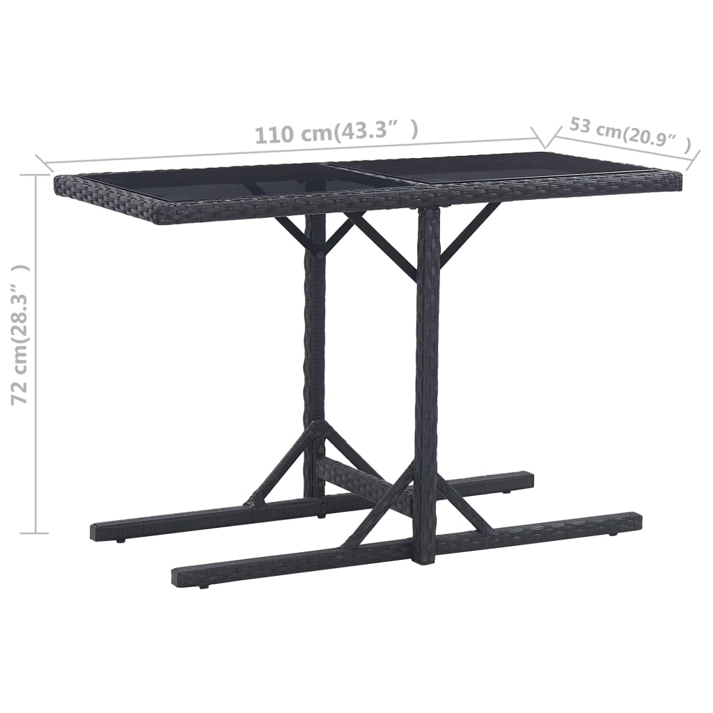 vidaXL Masă de grădină, negru, 110 x 53 x 72 cm, sticlă și poliratan vidaXL Masă de grădină, negru, 110 x 53 x 72 cm, sticlă și poliratan