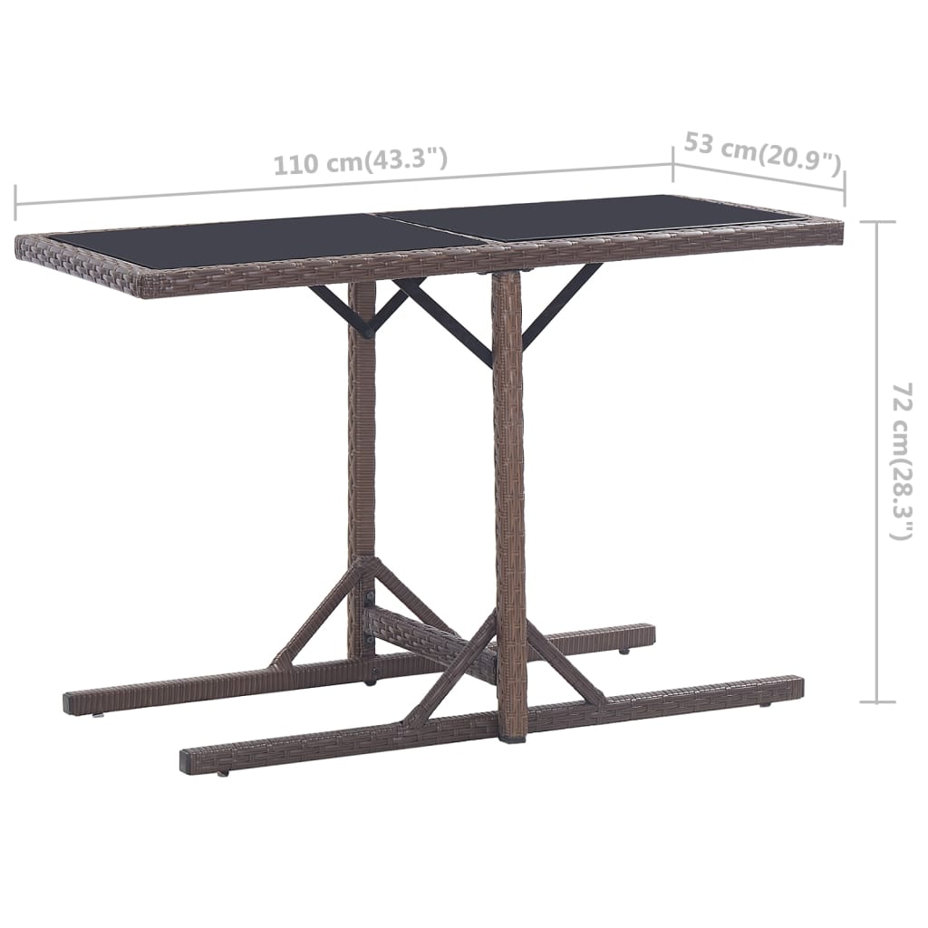 vidaXL Masă de grădină, maro, 110 x 53 x 72 cm, sticlă și poliratan