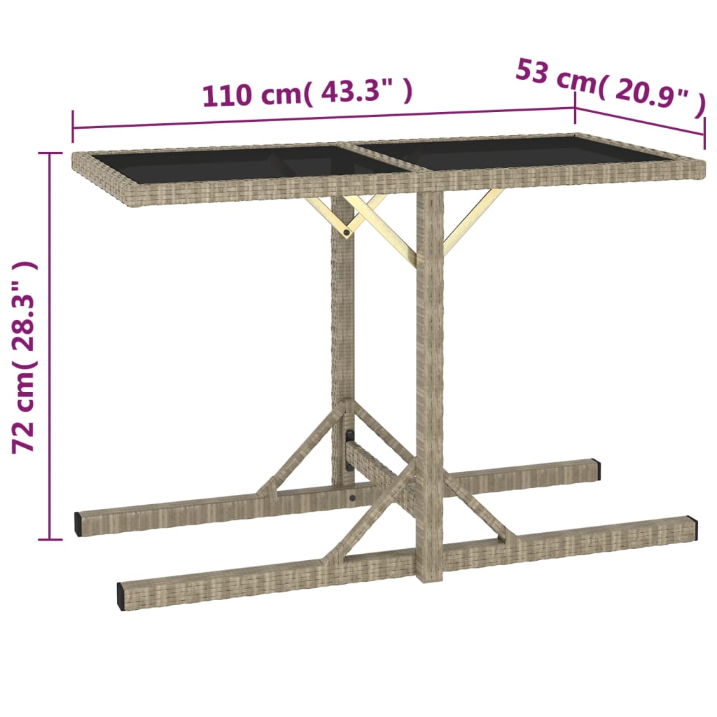 vidaXL Masă de grădină, bej, 110 x 53 x 72 cm, sticlă și poliratan vidaXL Masă de grădină, bej, 110 x 53 x 72 cm, sticlă și poliratan