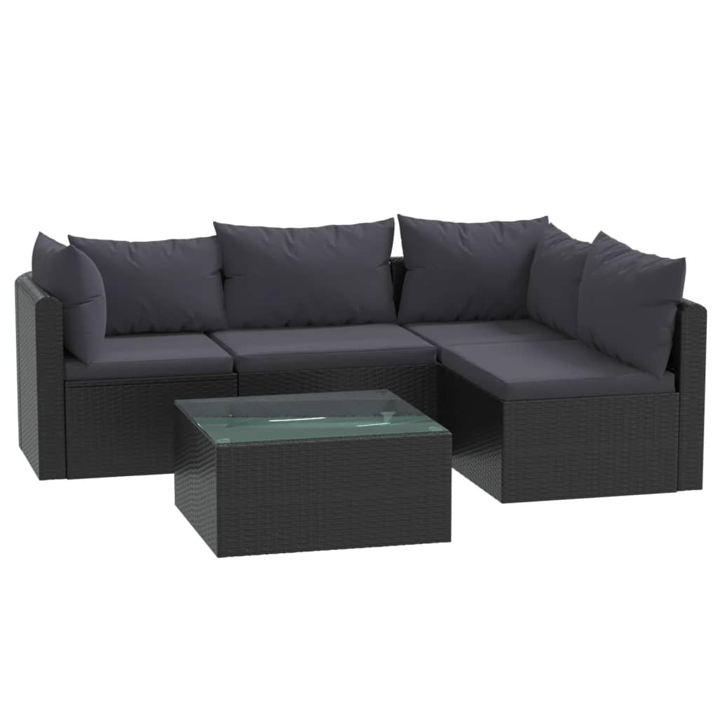 vidaXL Set mobilier de grădină cu perne, 5 piese, negru, poliratan