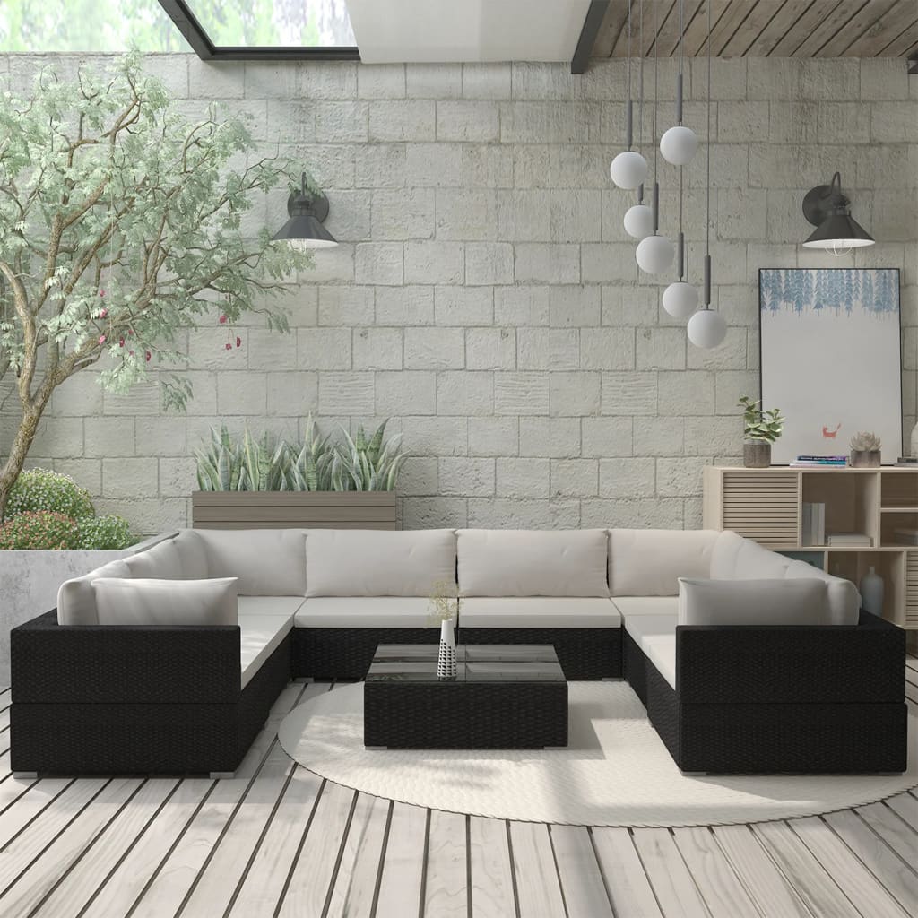 vidaXL Set mobilier de grădină cu perne, 9 piese, negru, poliratan vidaXL Set mobilier de grădină cu perne, 9 piese, negru, poliratan