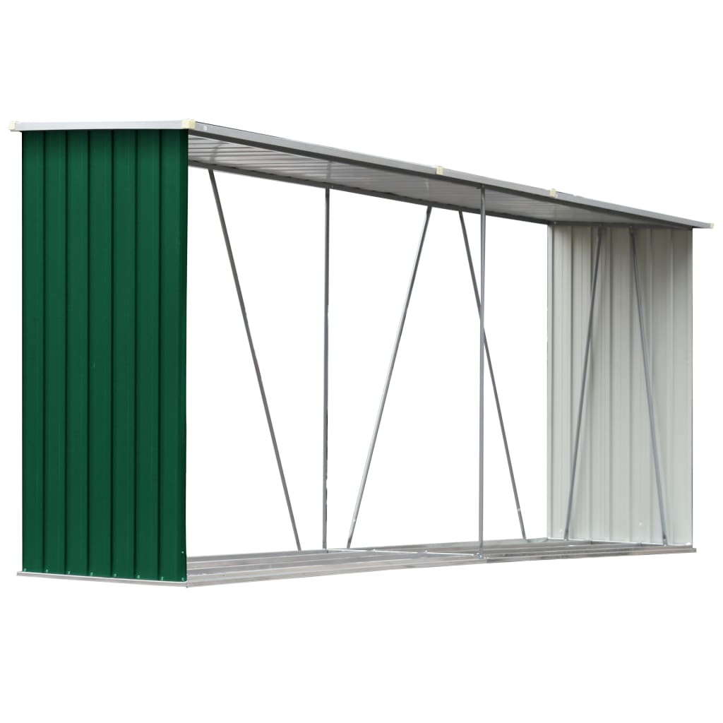 vidaXL Șopron depozitare lemne, verde, 330x84x152 cm, oțel galvanizat vidaXL Șopron depozitare lemne, verde, 330x84x152 cm, oțel galvanizat