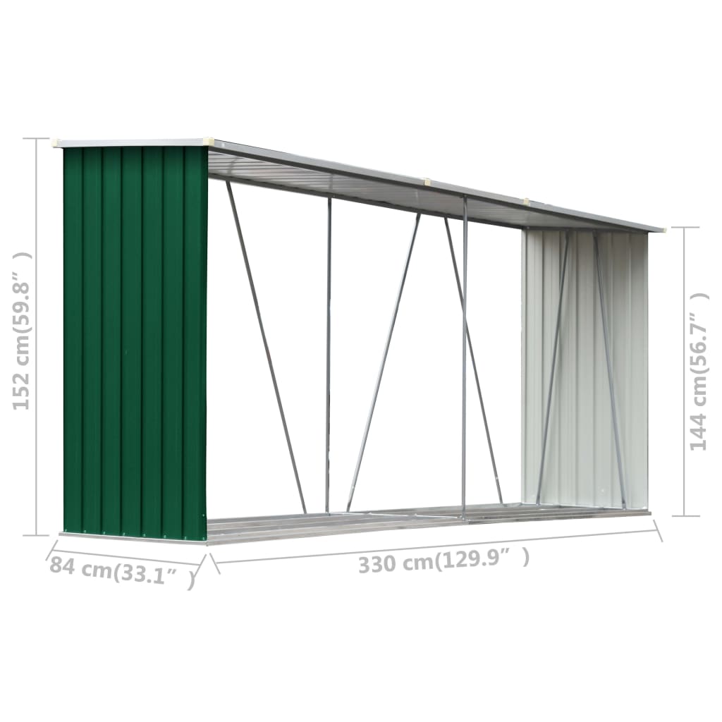 vidaXL Șopron depozitare lemne, verde, 330x84x152 cm, oțel galvanizat vidaXL Șopron depozitare lemne, verde, 330x84x152 cm, oțel galvanizat