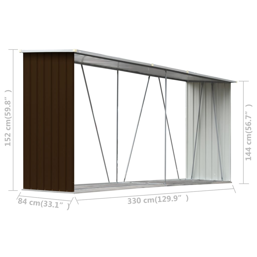 vidaXL Șopron depozitare lemne, maro, 330x84x152 cm, oțel galvanizat vidaXL Șopron depozitare lemne, maro, 330x84x152 cm, oțel galvanizat