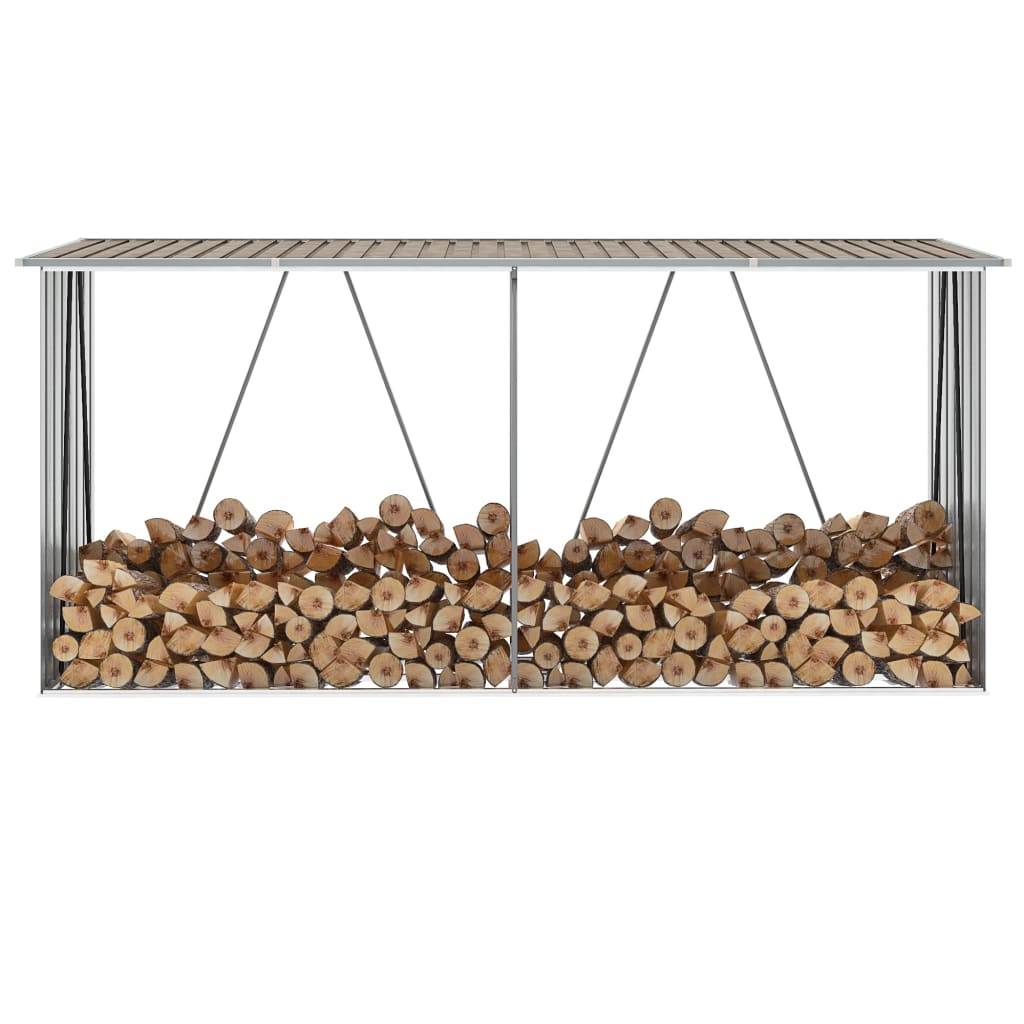 vidaXL Șopron depozitare lemne, maro, 330x84x152 cm, oțel galvanizat vidaXL Șopron depozitare lemne, maro, 330x84x152 cm, oțel galvanizat
