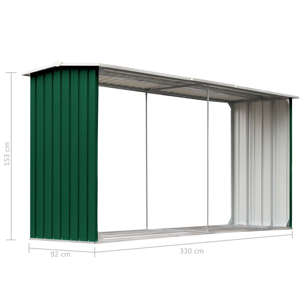 vidaXL Șopron depozitare lemne, verde, 330x92x153 cm, oțel galvanizat vidaXL Șopron depozitare lemne, verde, 330x92x153 cm, oțel galvanizat