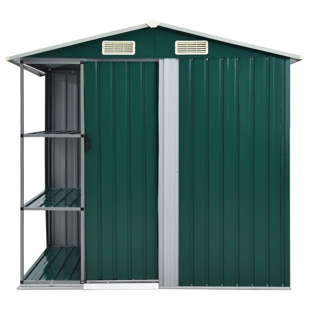 vidaXL Șopron de grădină cu etajeră, verde, 205 x 130 x 183 cm, fier vidaXL Șopron de grădină cu etajeră, verde, 205 x 130 x 183 cm, fier