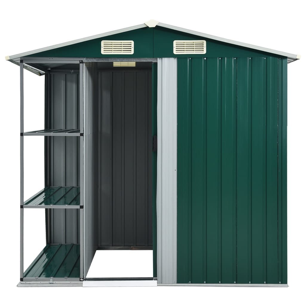 vidaXL Șopron de grădină cu etajeră, verde, 205 x 130 x 183 cm, fier vidaXL Șopron de grădină cu etajeră, verde, 205 x 130 x 183 cm, fier