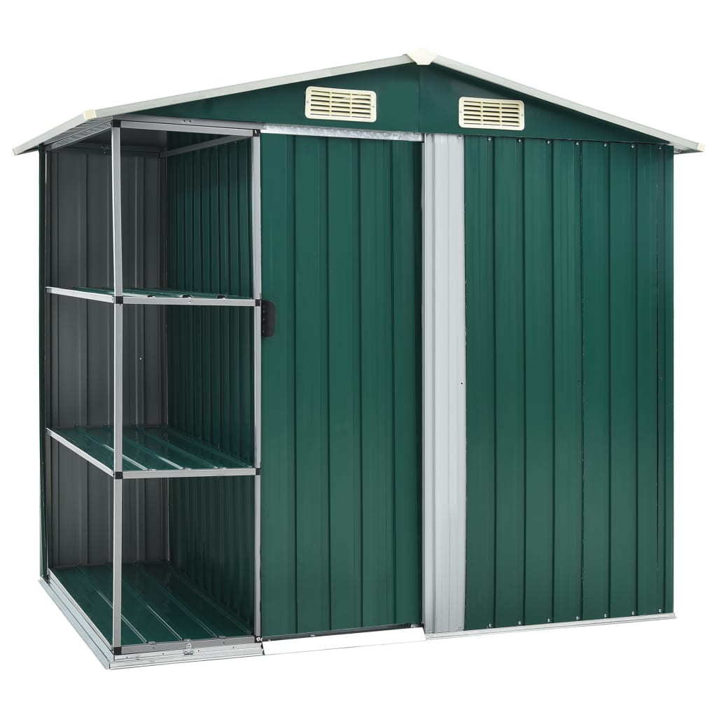 vidaXL Șopron de grădină cu etajeră, verde, 205 x 130 x 183 cm, fier vidaXL Șopron de grădină cu etajeră, verde, 205 x 130 x 183 cm, fier