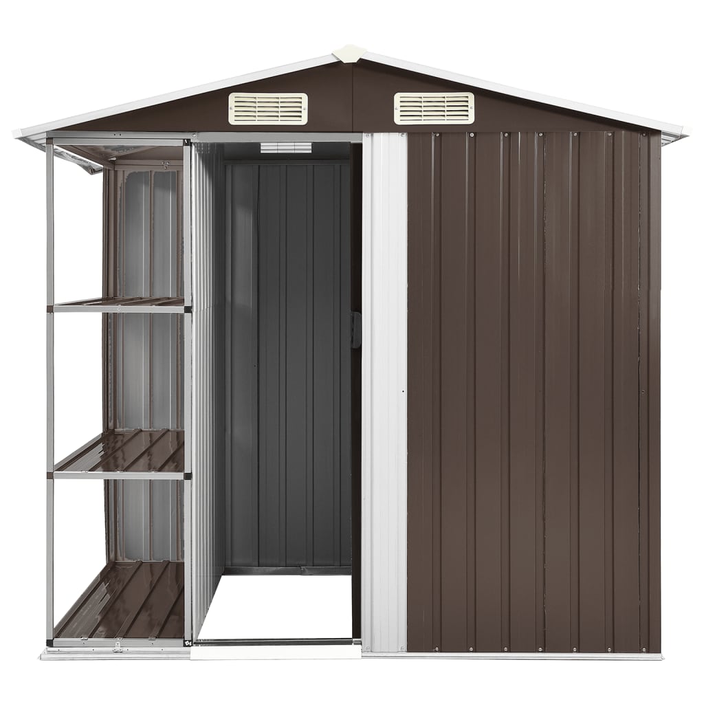 vidaXL Șopron de grădină cu etajeră, maro, 205 x 130 x 183 cm, fier vidaXL Șopron de grădină cu etajeră, maro, 205 x 130 x 183 cm, fier