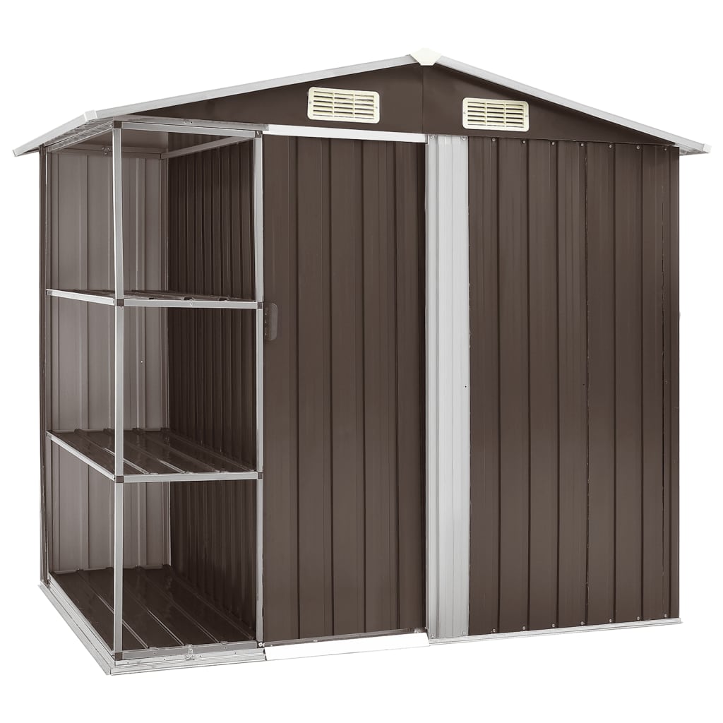 vidaXL Șopron de grădină cu etajeră, maro, 205 x 130 x 183 cm, fier vidaXL Șopron de grădină cu etajeră, maro, 205 x 130 x 183 cm, fier