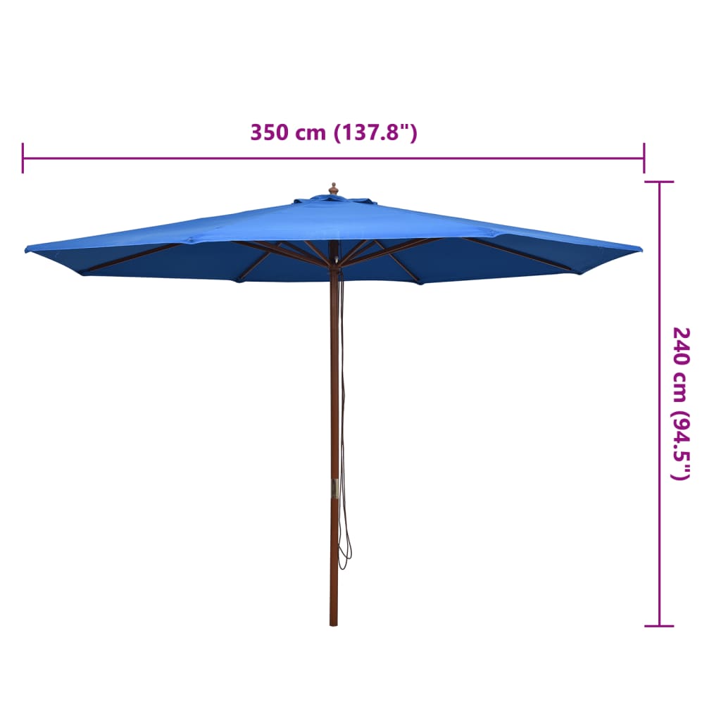 vidaXL Umbrelă de soare de exterior, stâlp din lemn, albastru, 350 cm vidaXL Umbrelă de soare de exterior, stâlp din lemn, albastru, 350 cm