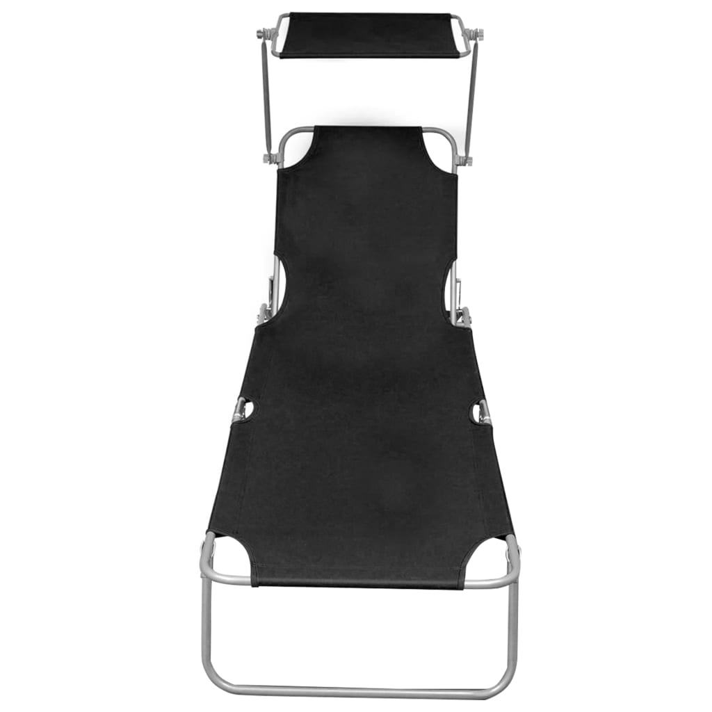 vidaXL Șezlong pliabil cu copertină, negru, aluminiu vidaXL Șezlong pliabil cu copertină, negru, aluminiu