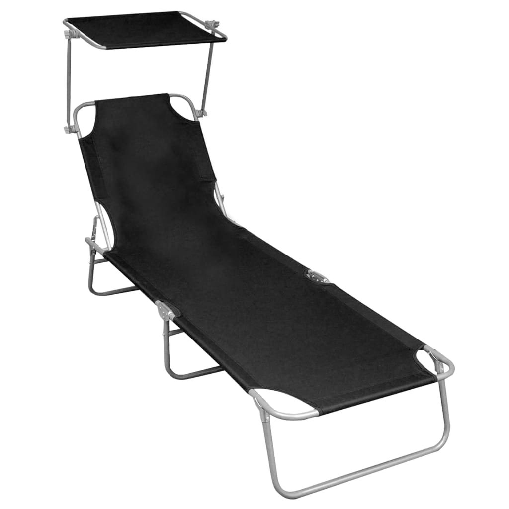 vidaXL Șezlong pliabil cu copertină, negru, aluminiu vidaXL Șezlong pliabil cu copertină, negru, aluminiu