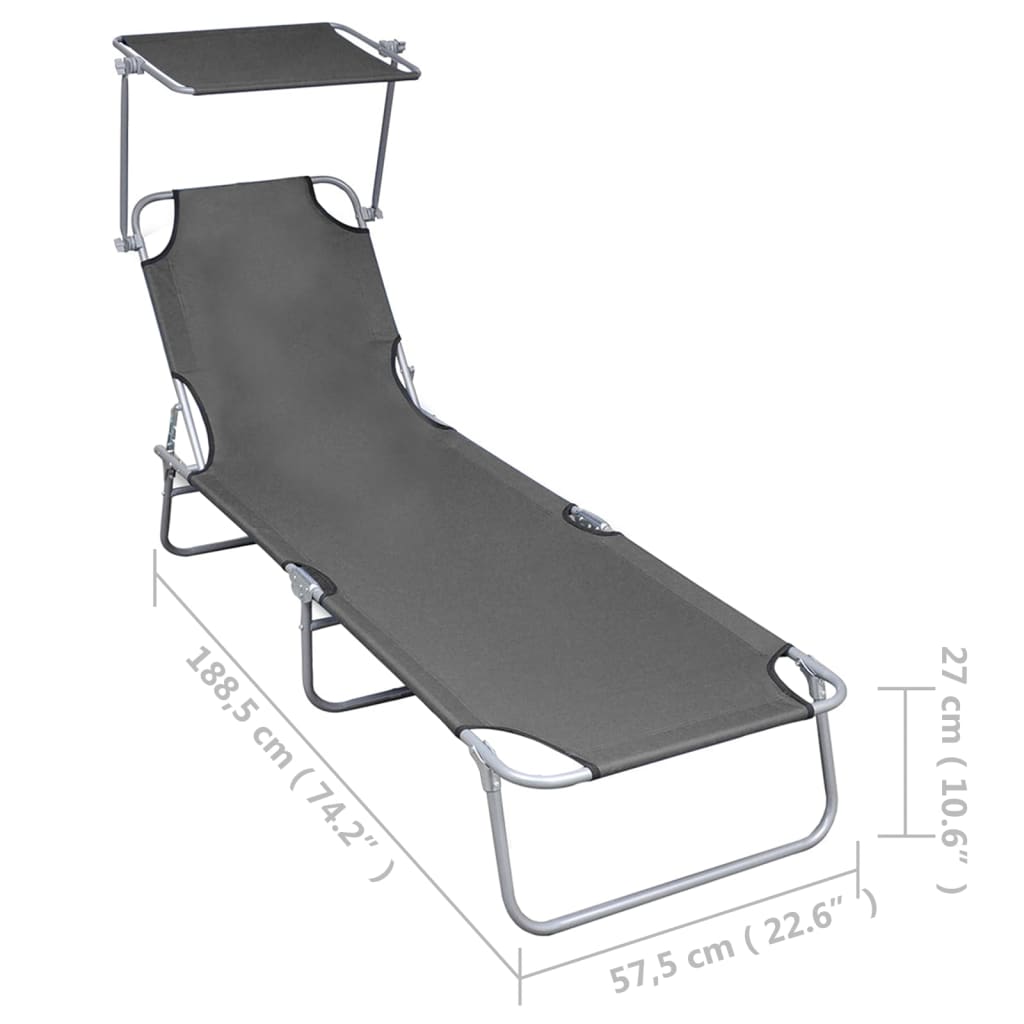 vidaXL Șezlong pliabil cu copertină, gri, aluminiu vidaXL Șezlong pliabil cu copertină, gri, aluminiu