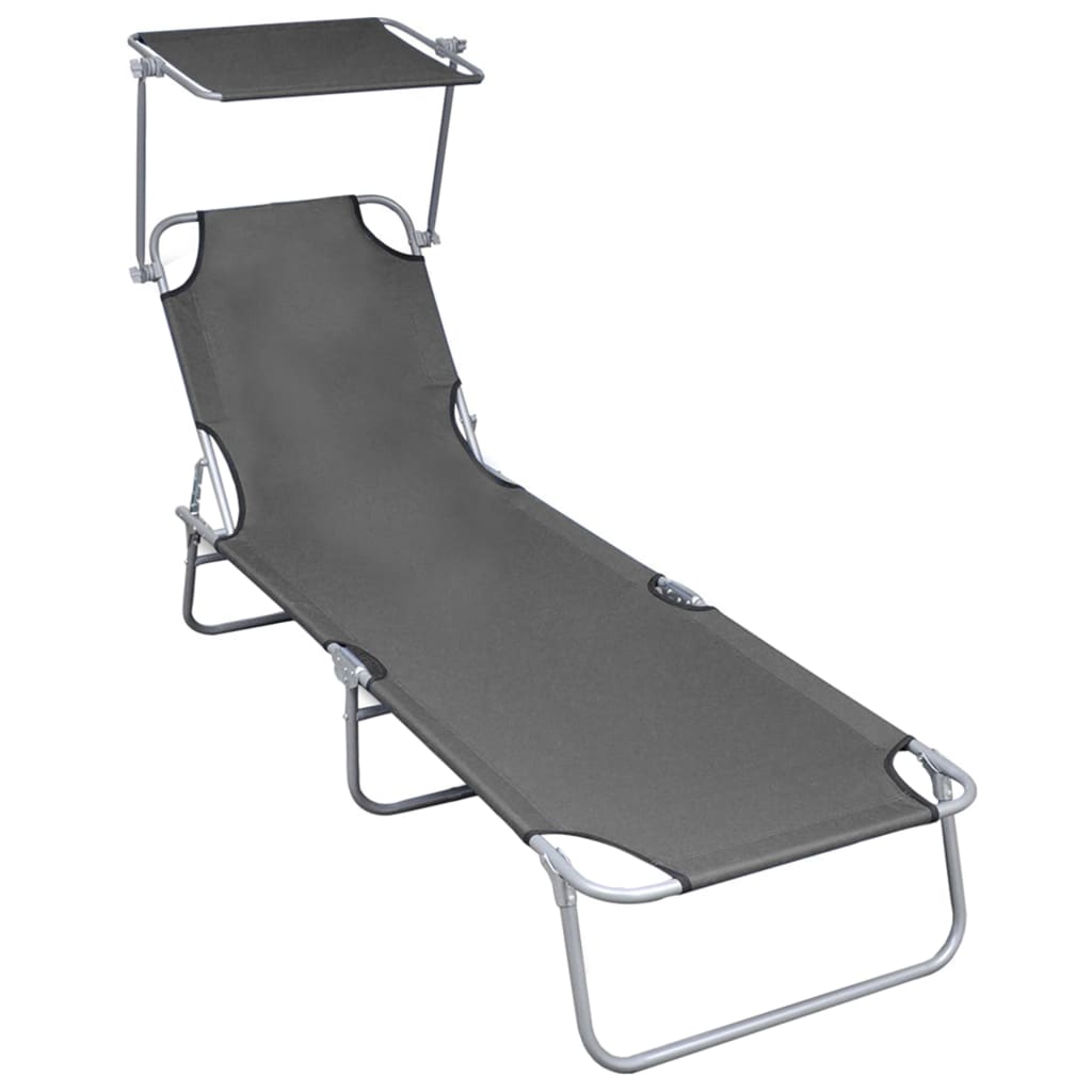 vidaXL Șezlong pliabil cu copertină, gri, aluminiu vidaXL Șezlong pliabil cu copertină, gri, aluminiu