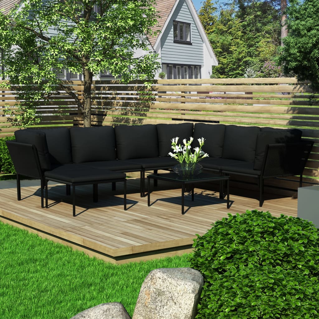 vidaXL Set mobilier de grădină cu perne, 8 piese, negru, PVC vidaXL Set mobilier de grădină cu perne, 8 piese, negru, PVC