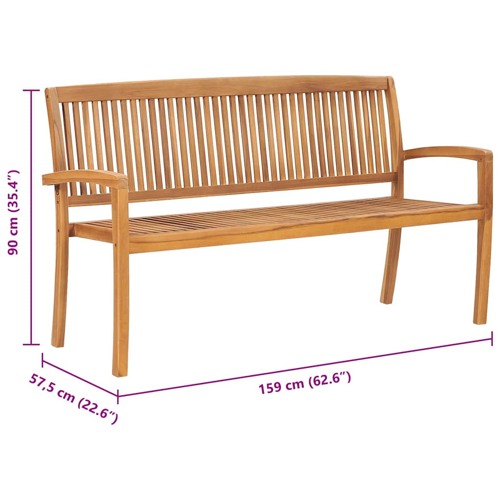 vidaXL Bancă grădină stivuibilă, 3 locuri, 159 cm, lemn masiv de tec