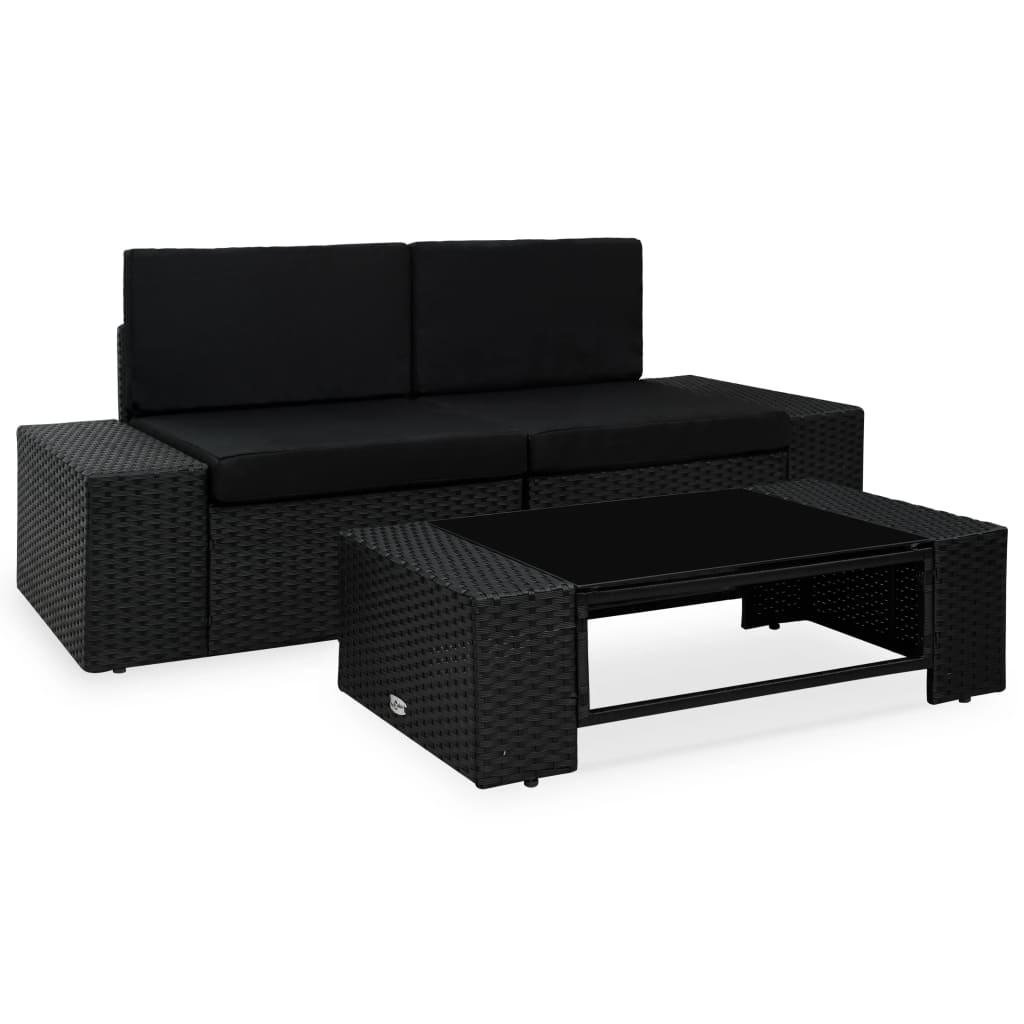 vidaXL Set mobilier de grădină, 3 piese, negru, poliratan