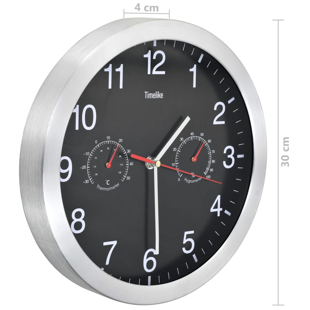 vidaXL Ceas perete mecanism cuarț, higrometru/termometru, negru, 30 cm