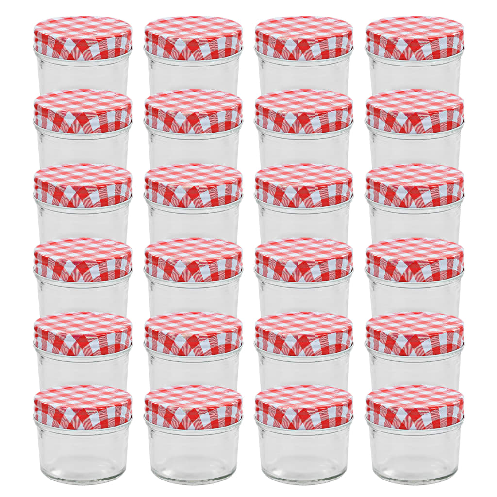 vidaXL Borcane sticlă pentru gem cu capace alb și roșu 24 buc. 110 ml vidaXL Borcane sticlă pentru gem cu capace alb și roșu 24 buc. 110 ml