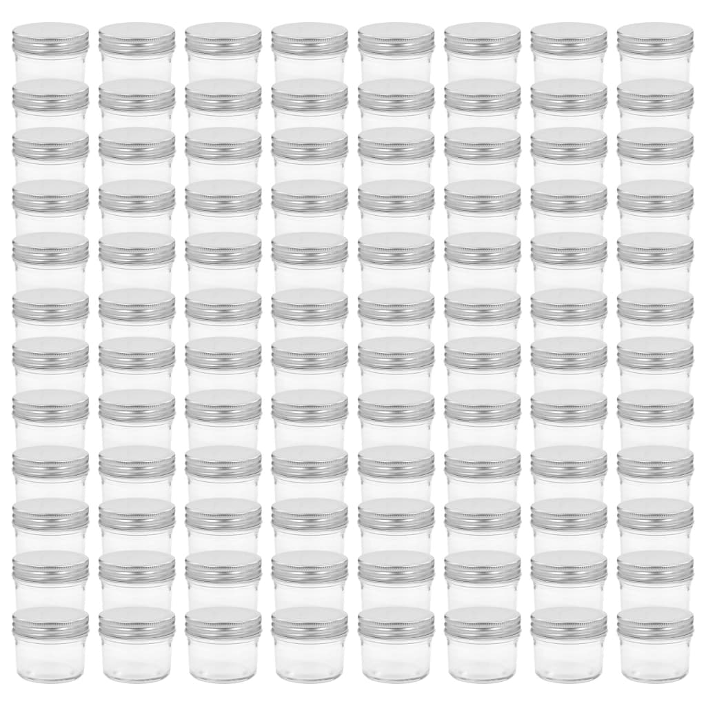 vidaXL Borcane din sticlă pentru gem, capace argintii, 96 buc, 110 ml vidaXL Borcane din sticlă pentru gem, capace argintii, 96 buc, 110 ml