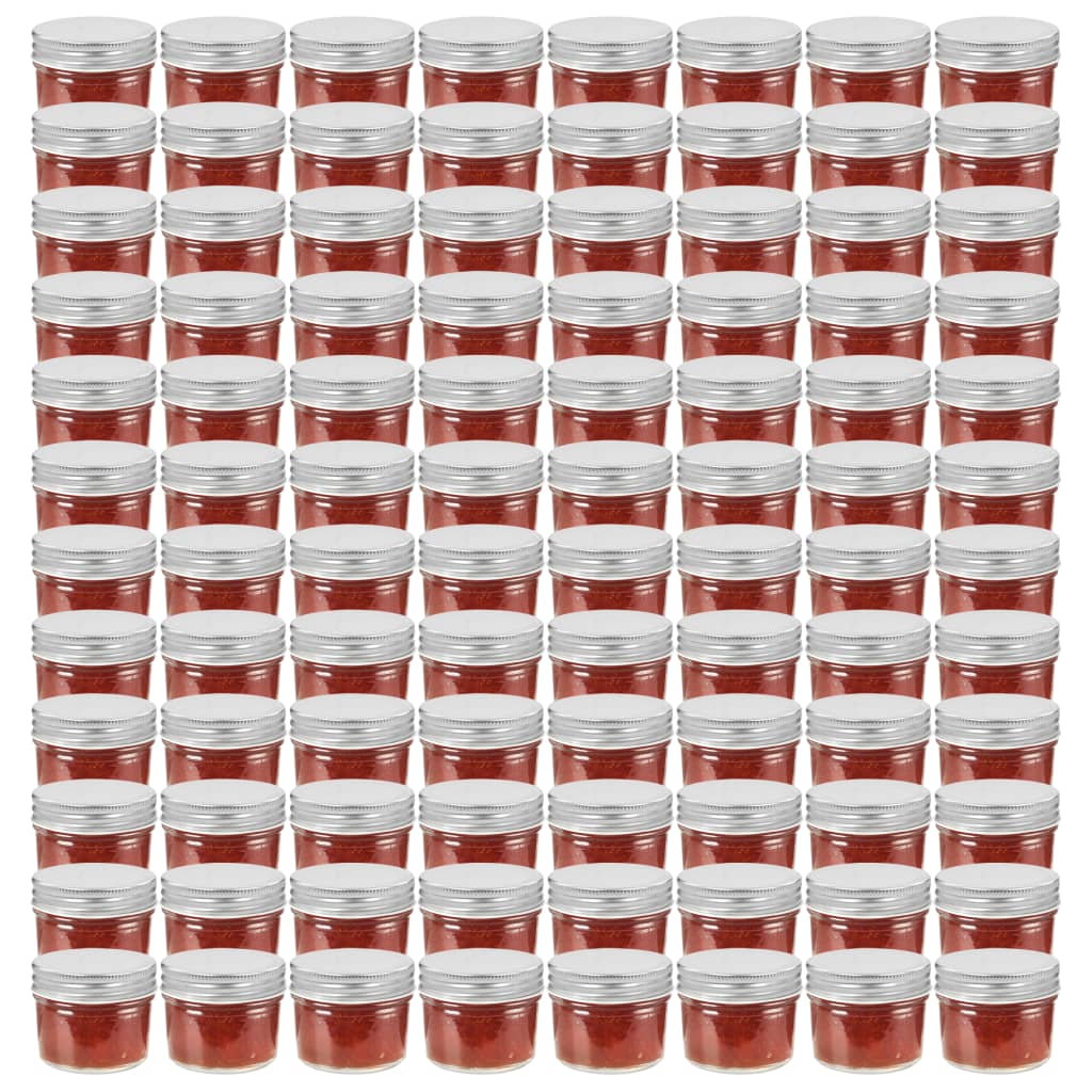 vidaXL Borcane din sticlă pentru gem, capace argintii, 96 buc, 110 ml vidaXL Borcane din sticlă pentru gem, capace argintii, 96 buc, 110 ml