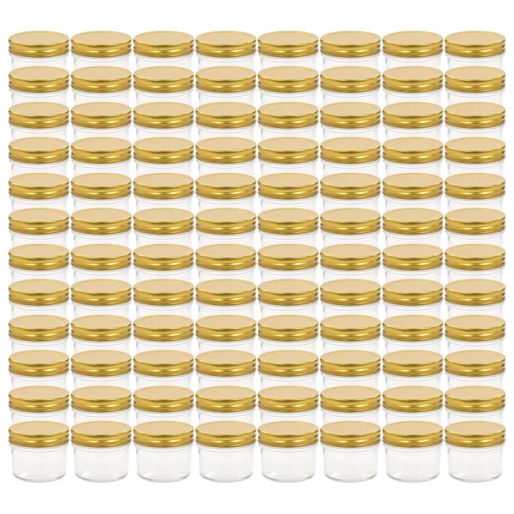 vidaXL Borcane din sticlă pentru gem, capace aurii, 96 buc, 110 ml vidaXL Borcane din sticlă pentru gem, capace aurii, 96 buc, 110 ml