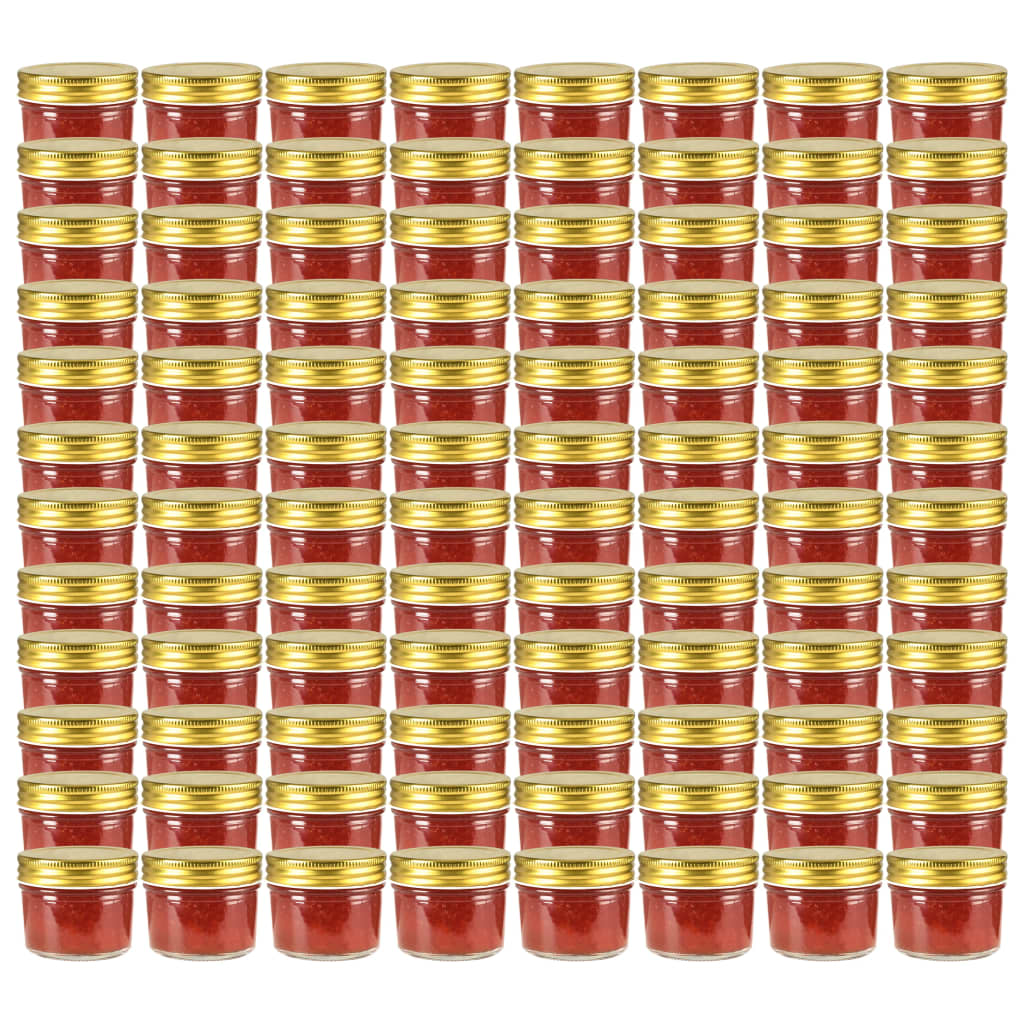 vidaXL Borcane din sticlă pentru gem, capace aurii, 96 buc, 110 ml vidaXL Borcane din sticlă pentru gem, capace aurii, 96 buc, 110 ml