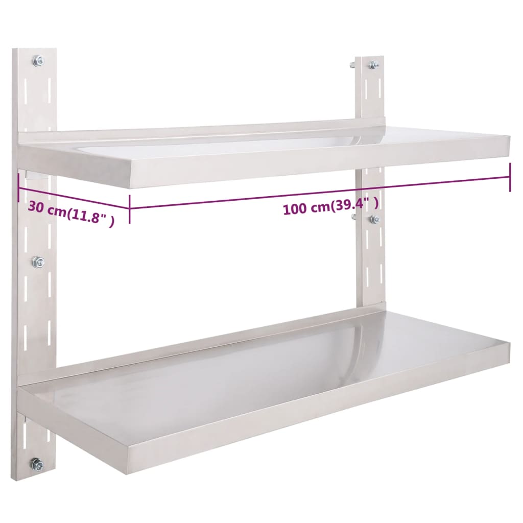 vidaXL Etajeră de perete cu două rafturi, 100 x 30 cm, oțel inoxidabil