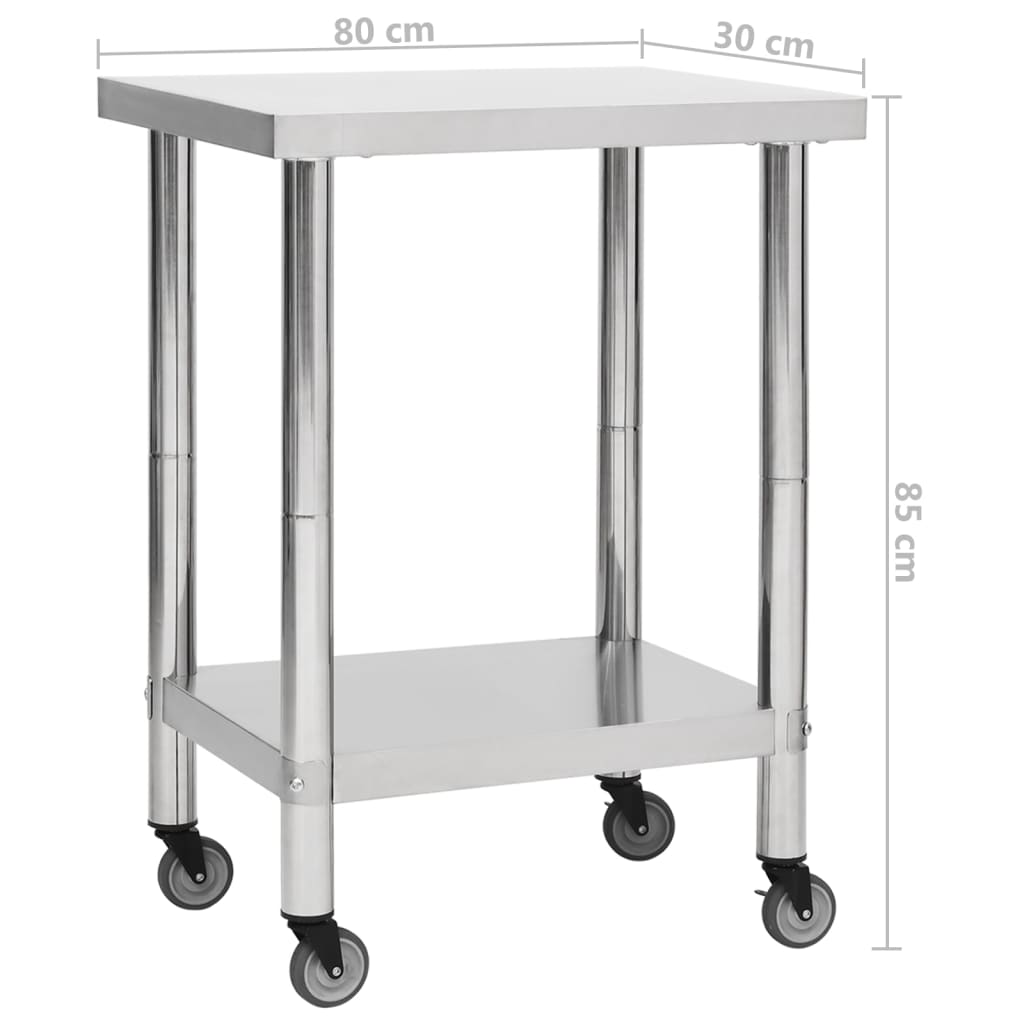 vidaXL Masă de lucru bucătărie cu roți, 80x30x85 cm, oțel inoxidabil vidaXL Masă de lucru bucătărie cu roți, 80x30x85 cm, oțel inoxidabil
