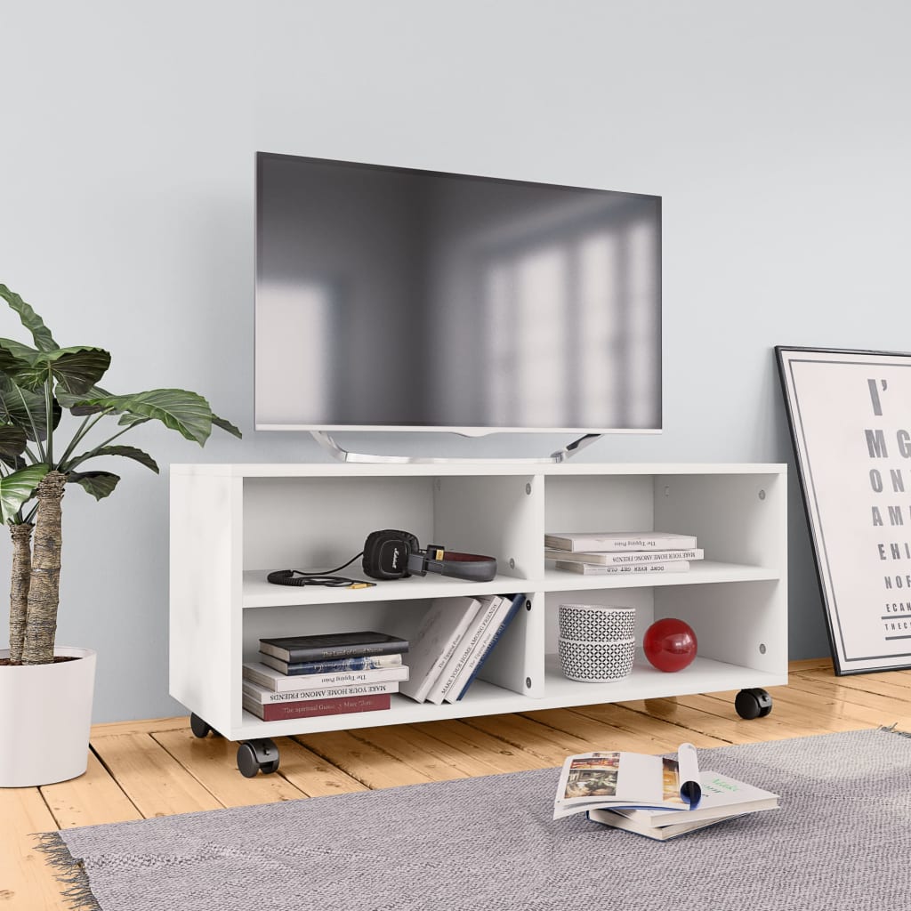 vidaXL Dulap TV cu rotile, alb, 90x35x35, lemn prelucrat vidaXL Dulap TV cu rotile, alb, 90x35x35, lemn prelucrat