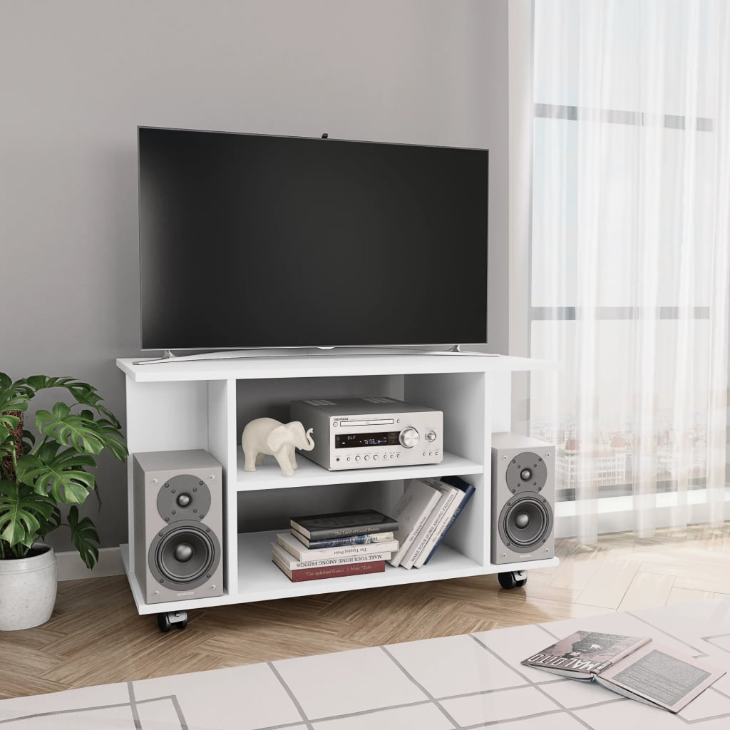 vidaXL Comodă TV cu roți, alb, 80x40x45 cm, lemn prelucrat vidaXL Comodă TV cu roți, alb, 80x40x45 cm, lemn prelucrat