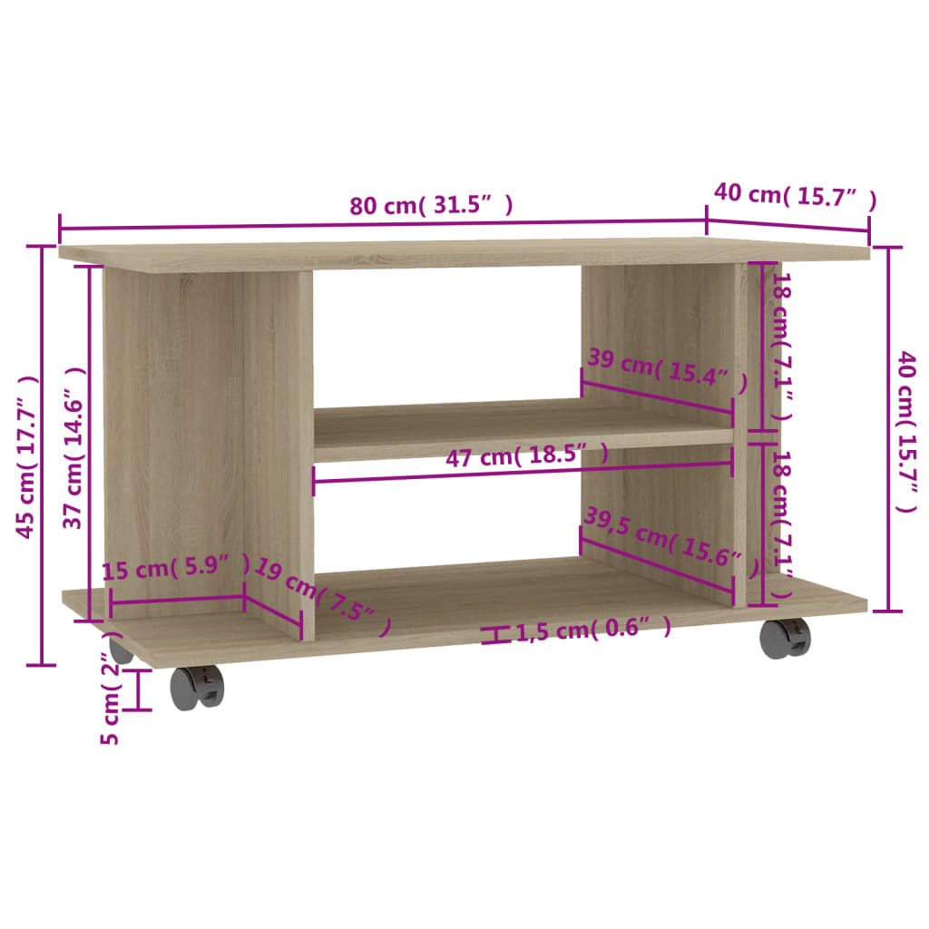 vidaXL Comodă TV cu roți, stejar Sonoma, 80x40x45 cm, lemn prelucrat vidaXL Comodă TV cu roți, stejar Sonoma, 80x40x45 cm, lemn prelucrat