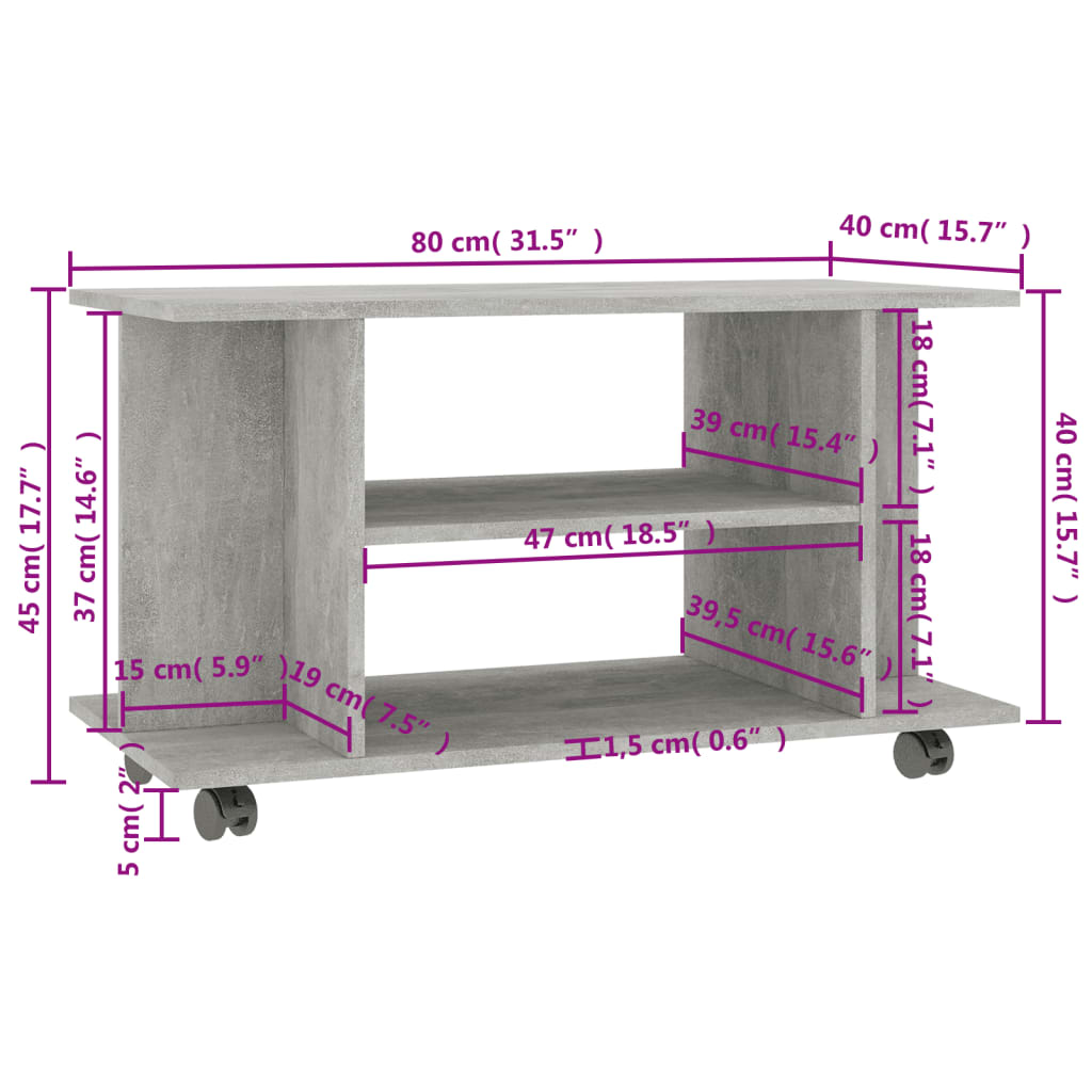 vidaXL Comodă TV cu roți, gri beton, 80x40x45 cm, lemn prelucrat vidaXL Comodă TV cu roți, gri beton, 80x40x45 cm, lemn prelucrat