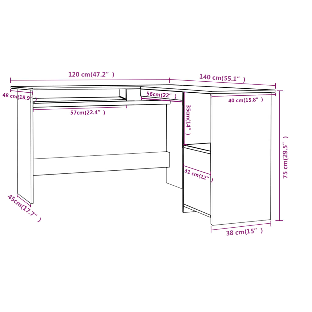 vidaXL Birou de colț formă de L alb extralucios 120x140x75 cm lemn