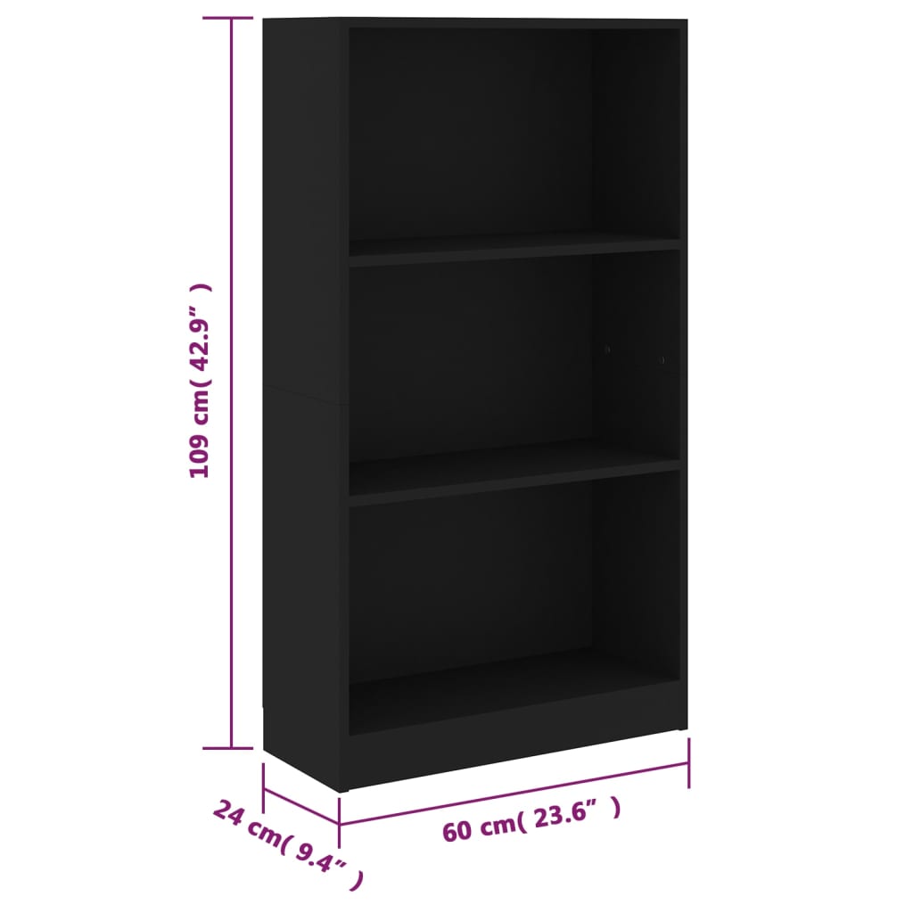 vidaXL Bibliotecă cu 3 rafturi, negru, 60x24x109 cm, lemn compozit